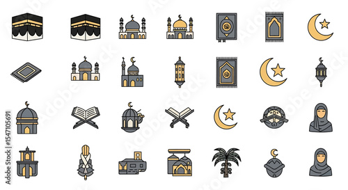 Vector Icons Set of Collection of Islamic Religious Icons Mosques Quran Crescent Moon and Prayer Rugs in Grey and Gold. Vector Illustrations. EPS Editable