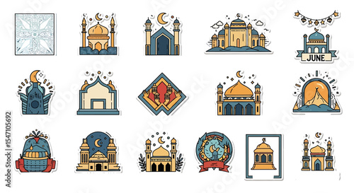 Vector Icons Set of Collection of Islamic Mosques Stickers in Various Styles and Colors. Vector Illustrations. EPS Editable