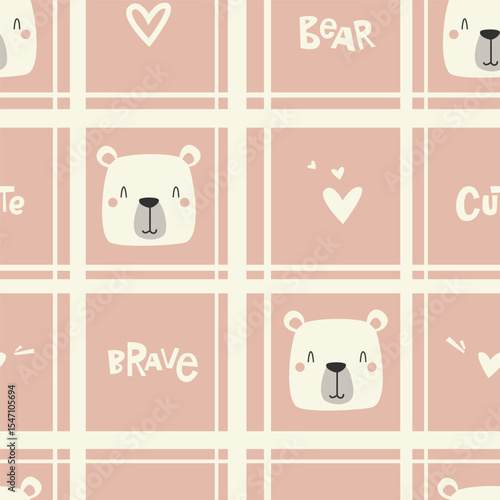 Cute bear seamless pattern with heart, playful lettering and pastel colors. Childish style vector illustration for textile, bedding, apparel, print, wrapping paper, clothing, background and others