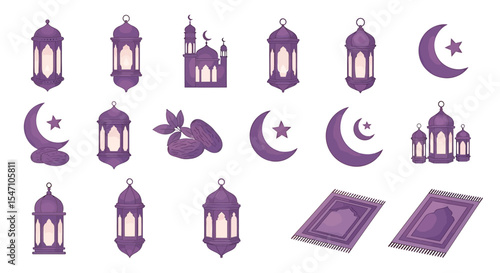 Vector Icons Set of Collection of Purple Ramadan Icons Lanterns Crescent Moons Stars Dates Mosque and Prayer Rugs. Vector Illustrations. EPS Editable