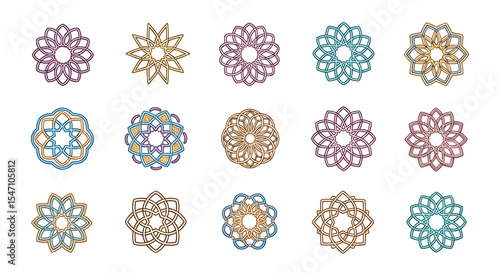 Vector Icons Set of Colorful Geometric Floral Designs on White Background Decorative Elements. Vector Illustrations. EPS Editable