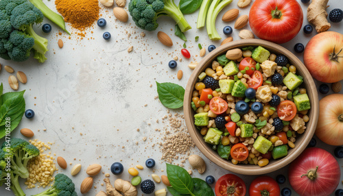 Wallpaper Mural Fresh Colorful Salad with Vegetables and Fruits Surrounded by Healthy Ingredients on a Light Background Torontodigital.ca