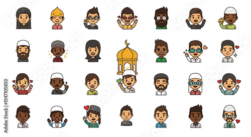 Vector Icons Set of Diverse Collection of Cartoon Muslim Icons Smiling Faces Various Headwear and Expressions. Vector Illustrations. EPS Editable