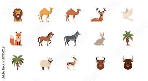 Vector Icons Set of Flattened Animal and Plant Illustrations Collection. Vector Illustrations. EPS Editable