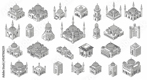 Vector Icons Set of Isometric Mosque Illustrations Collection of Detailed Architectural Drawings in Grey. Vector Illustrations. EPS Editable