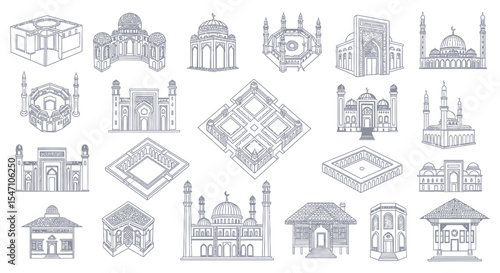 Vector Icons Set of Line Art of Islamic Architecture Mosques Courtyards and Traditional Buildings. Vector Illustrations. EPS Editable
