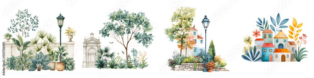 Fototapeta premium Watercolor Mediterranean Townscape Set. Architecture and Nature Elements.