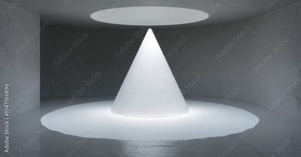 Fototapeta premium Minimalist scene. Cone shape illuminated within concrete room. Circular light source above, creating dramatic shadows. Simple geometry, stark contrast.