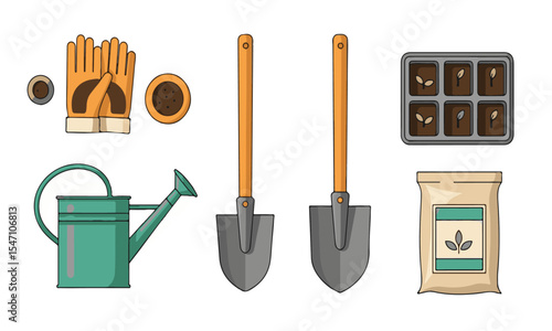 A collection of colorful flat vector icons showcasing essential gardening tools and supplies, including a watering can, shovels, gloves, and seed bags.