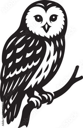 Owl silhouette elegant black and white on branch, Stylish nocturnal bird vector drawing