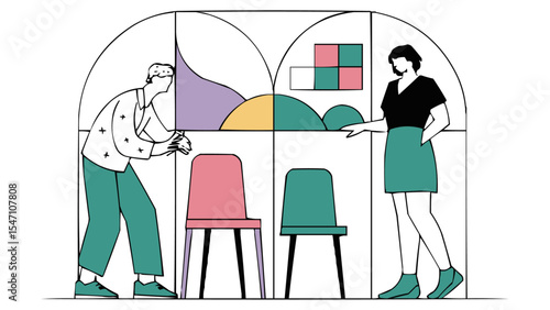 Interior Design Process with Designer and Client Discussing Layout, Furniture, and Color Palette in a Modern Minimalist Space Illustration