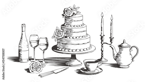 Classic Sketch Wedding Cake and Dinner Table Setting with Wine, Teapot, and Candles for Celebration, Anniversary, and Event Invitations