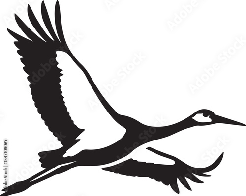 Crane in flight silhouette elegant vector art, Graceful bird mid air black and white