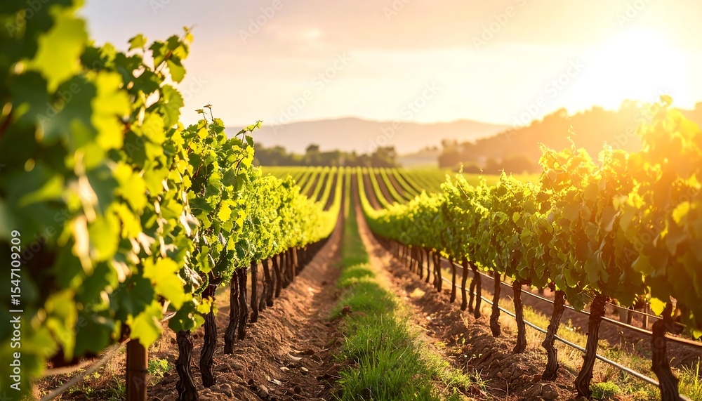 Naklejka premium Sunlit Vineyard Rows, Golden Hour Grapes - Golden Hour Photography