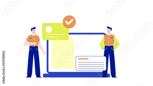 Two proud men next to a laptop displaying a completed task. Suitable for business success concept in presentations, blogs, articles.