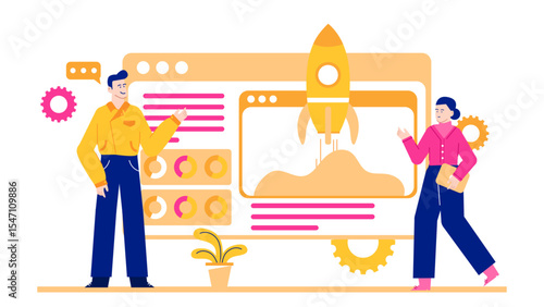 Two people discussing a websites successful launch, ideal for technology blogs, business articles, and marketing materials related to digital platforms.