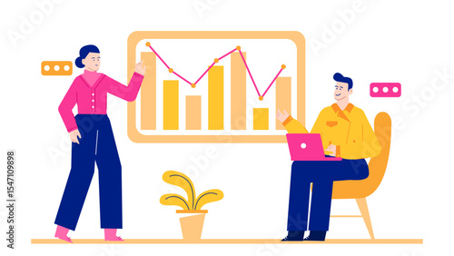 Two people reviewing bar graph laptop, suitable for business presentations, data analysis, teamwork illustrations, corporate reports, and financial discussions.