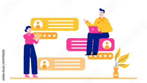 Online reviews and feedback processes show customer satisfaction. Suitable for social media, website blog posts, marketing presentations, and business articles.