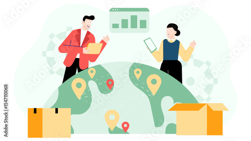 Global logistics featuring two businesspeople arranging packages, suitable for presentations, blog posts, websites, and promotional materials for transportation companies.