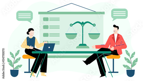 Two people discussing law near scales of justice. Suitable for legal presentations, articles, blog posts, and educational materials on justice.