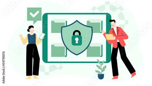 Two professionals in suits discussing data security protocols on a tablet. Suitable for technology and cybersecurity concepts in business.