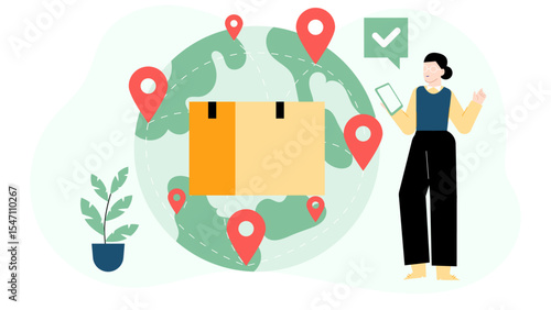 Global package tracking service depicted with a woman monitoring deliveries; ideal for ecommerce, logistics, shippingrelated designs, and technology concepts.