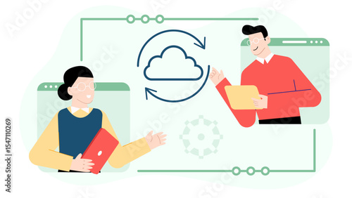 Suitable for technology websites, cloud computing concepts, online collaboration platforms, digital security and internet storage services. Perfect for illustrating virtual teamwork.