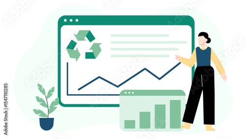 Woman presenting successful recycling program growth graphs; suitable for sustainability reports, ecofriendly presentations, and environment related websites.