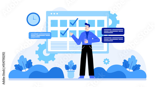 Man reviewing tasks on electronic schedule, suitable for productivity, technology, time management, and business concept designs or presentations.