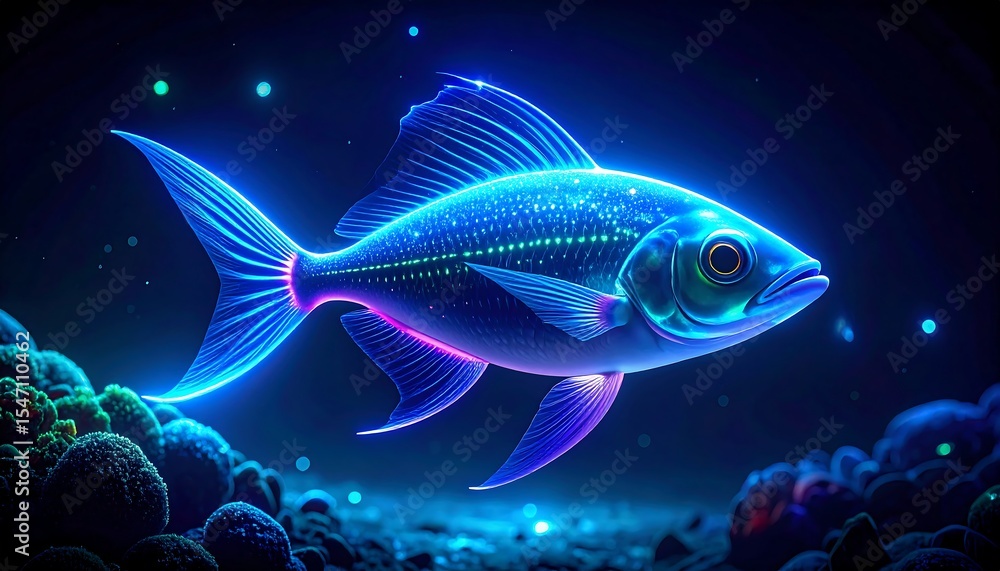 Fototapeta premium Glowing Neon Fish, Underwater Scene - Neon colors