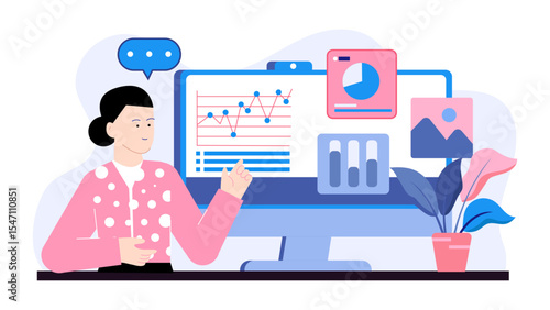 Woman showcasing data visuals on a computer screen, perfect for business presentations, data analysis, financial reports, and marketing strategies.