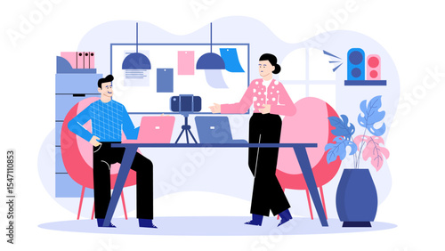 Two colleagues vlog with laptops in modern office, suitable for business, technology, co-working, vlogging, teamwork, corporate communication content.