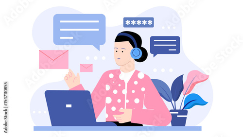 Person with headphones managing online messages and emails on laptop. Suitable for technology, communication, remote work, and digital lifestyle concepts.