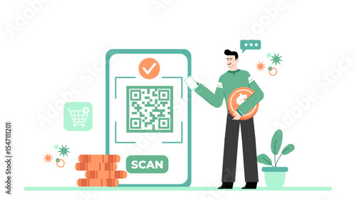 Man scanning a QR code to pay. Suitable for finance, technology, payment apps, mobile transactions, modern business, and contactless payments concepts.