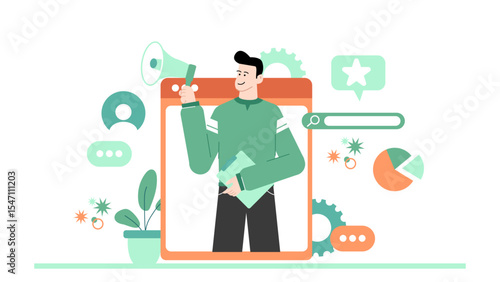 Man presenting online marketing strategies, suitable for business presentations, social media promotions, digital marketing webinars, and advertising campaigns.