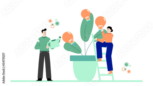 Two people nurture lightbulb plants in large pot. Ideal for illustrating teamwork, creativity, growth, innovation, sustainability in business concepts.