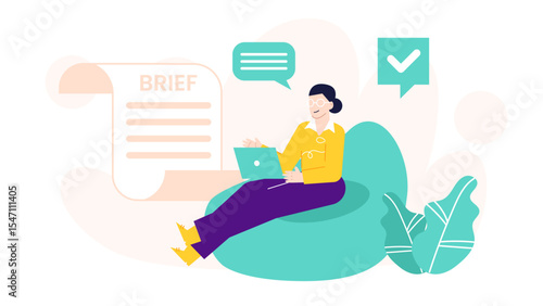 Woman in beanbag chair reviews laptop brief, suitable for remote work or relaxation concepts in office or home settings.