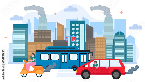 Polluted city with cars, bus, and scooter. Suitable for environmental, transportation, urban planning, pollution, and climate change related concepts.