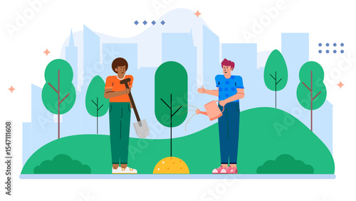 Two people planting and watering a tree in a city park, ideal for environmental conservation, community gardening, urban green spaces.