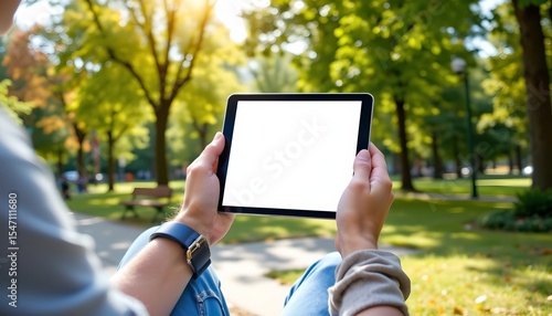 a serene park setting with a person holding an ipad, seemingly engaged in viewing its screen. the individual is seated leisurely on a bench, enjoying the outdoor environment under clear skies