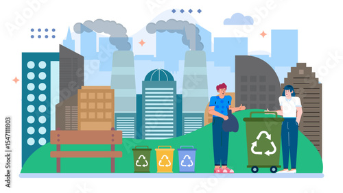 Two people recycle waste near a park in a polluted city. This asset is suitable for environmental education materials and social awareness campaigns.