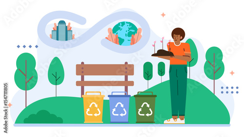 Person plants seedlings near recycling bins in a park. Suitable for ecofriendly concepts, urban gardening, sustainability, environmental consciousness, and conservation campaigns.