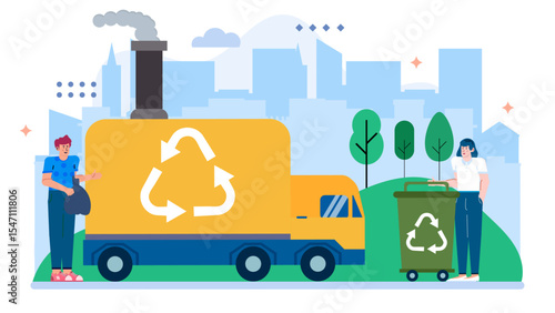 Urban recycling scene showing people helping to load a recycling truck. Ideal for environmental or community service themed designs and projects.