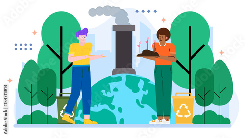 Two people planting saplings near a polluting factory and recycling bins. Environment, pollution, activism, climate change, industrial impact concepts.