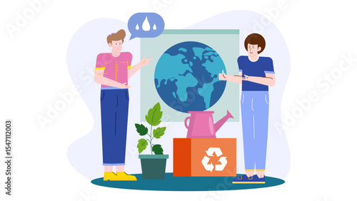 Two people, world map backdrop, discuss water conservation. Suitable for environmental, educational materials, presentations, climate change, global initiatives.