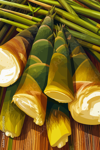 This is a digitally illustrated image showing freshly harvested bamboo shoots, known in Thai as “หน่อไม้” (nor mai). The shoots are displayed on a wooden or bamboo mat, with their outer green layers i