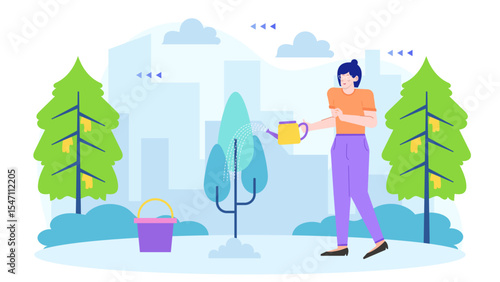Woman waters a sapling near city buildings and trees, ideal for environmental conservation campaigns, urban gardening, sustainable living, and ecofriendly concepts.