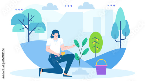 Woman planting a sapling near a city park, showcasing environmental conservation, urban gardening, Earth Day, sustainability, community involvement concepts.