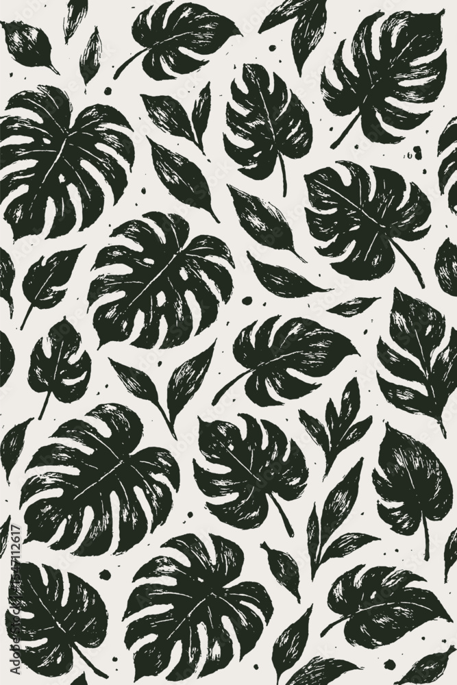 Tropical monstera leaf seamless pattern with bold hand-drawn black ink strokes. Tropical monstera leaf seamless pattern with bold hand-drawn black ink strokes.