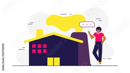 Person standing by a factory emitting pollution. Suitable for environmental awareness campaigns, industrial impact visuals, pollution control illustrations.